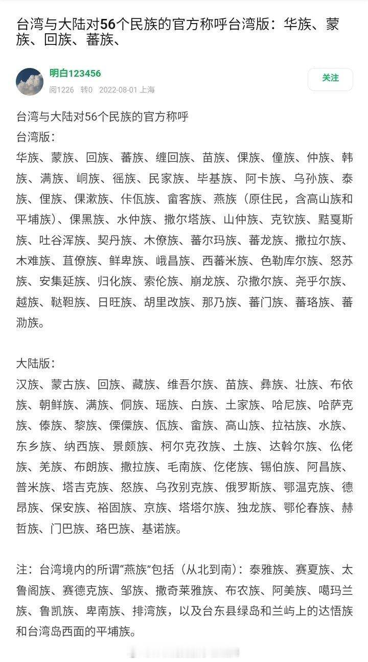 #故宫最新回应#台湾与大陆对56个民族的官方称呼台湾版 ​​​