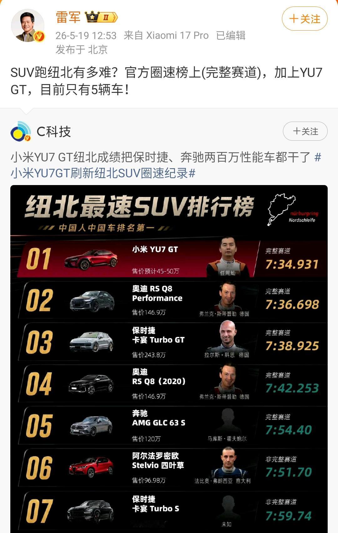 雷军：SUV跑纽北有多难？官方圈速榜上(完整赛道)，加上YU7 GT，目前只有5