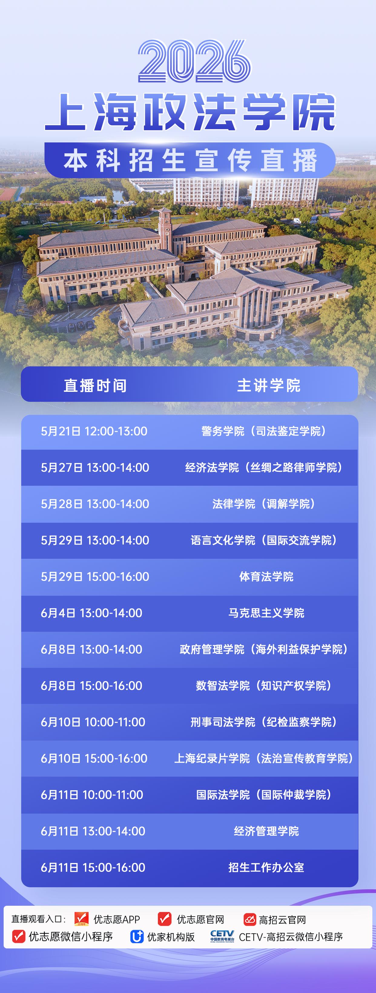 逐梦青春，法启未来。

上海政法学院2026年本科招生系列直播火热进行中！

来