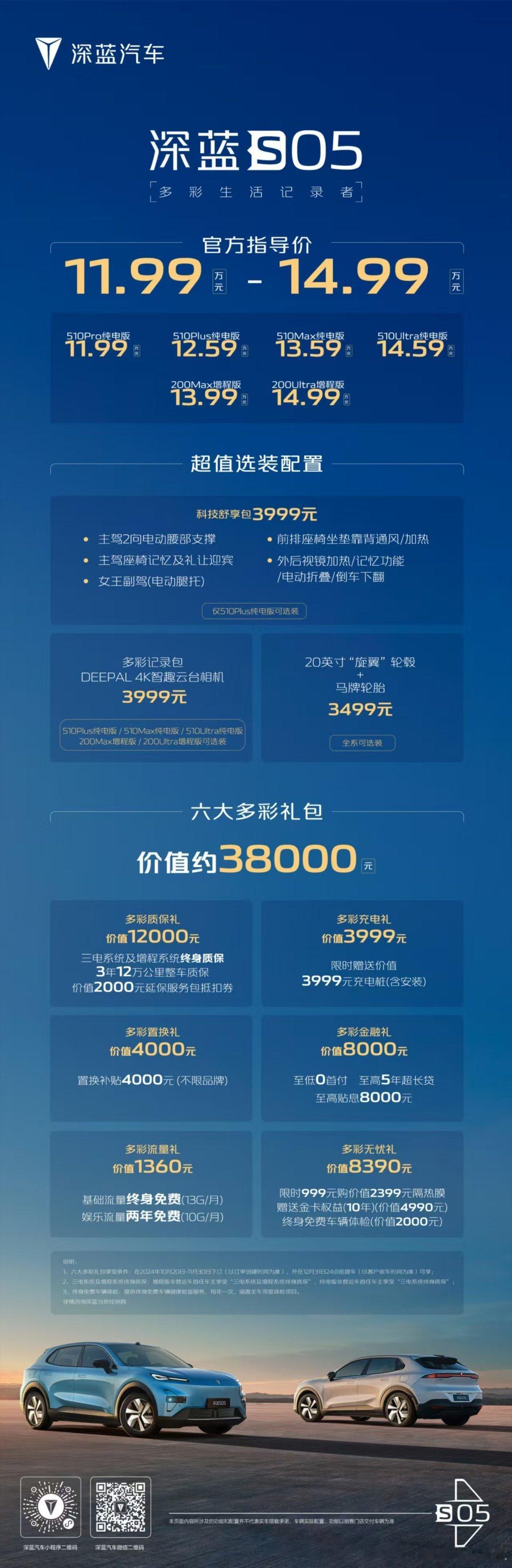 11.99万起！#深蓝S05 正式上市#11月30日前下订，享六大多彩礼包#多彩