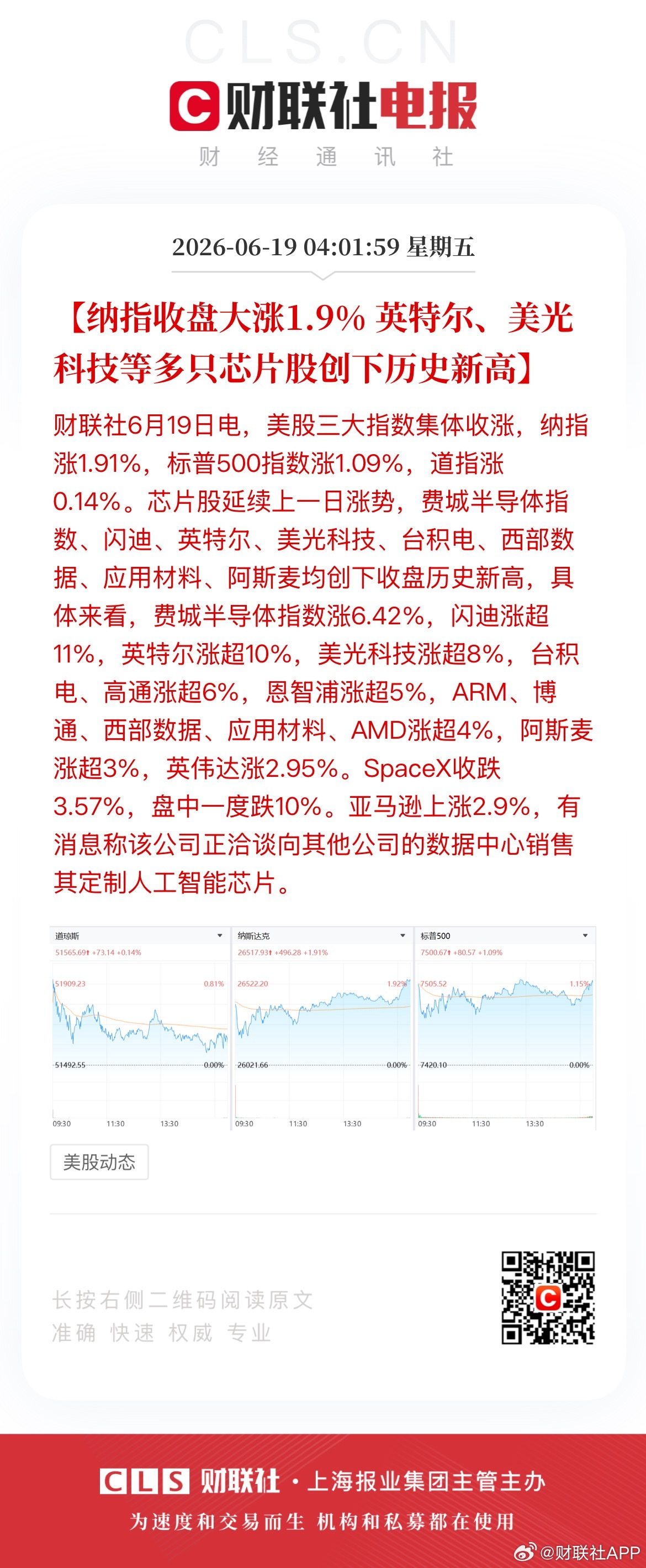 美芯片股批量创新高 【纳指收盘大涨1.9% 英特尔、美光科技等多只芯片股创下历史