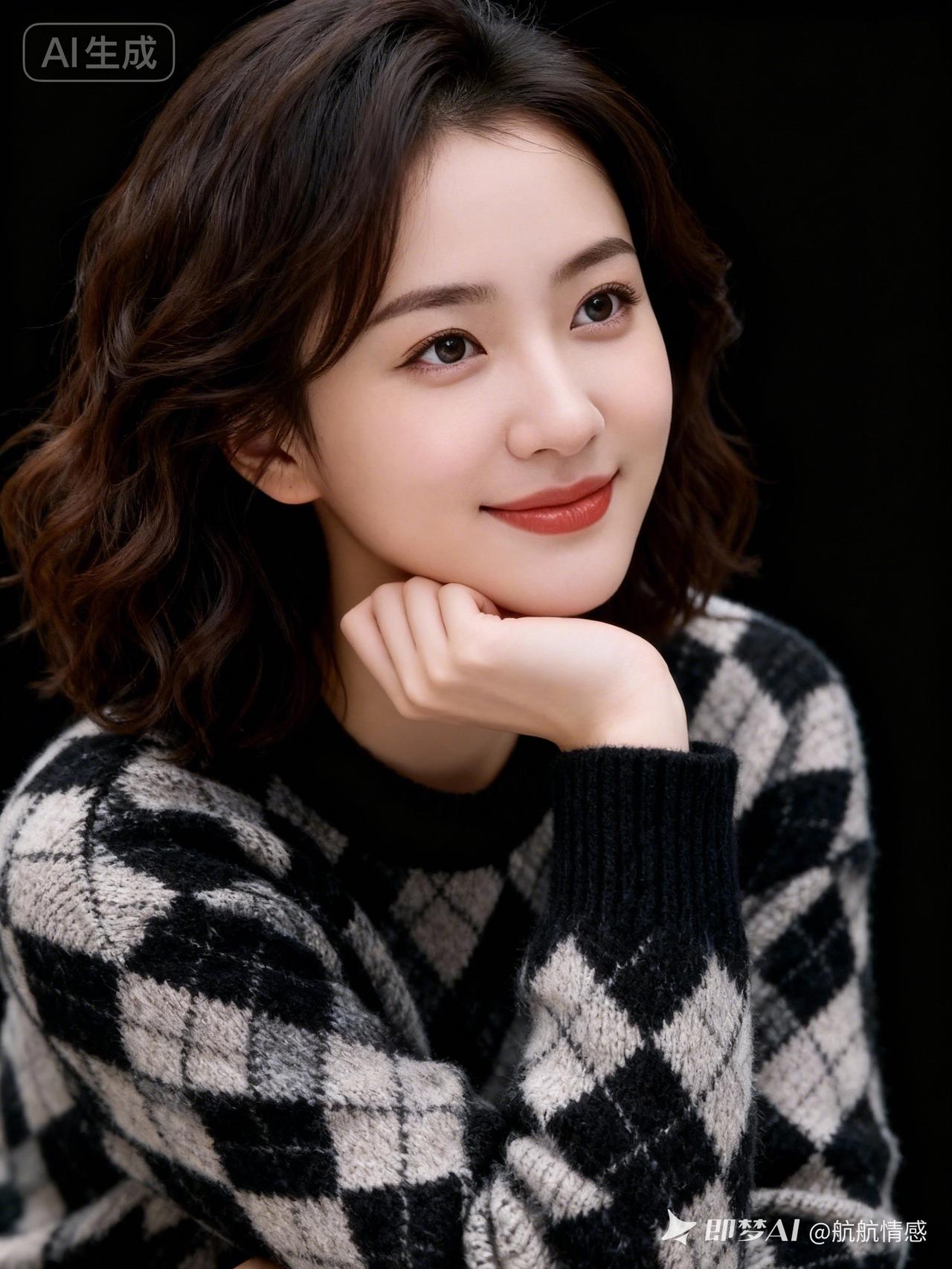 温柔微笑，黑白格毛衣，暖心治愈风🌟
