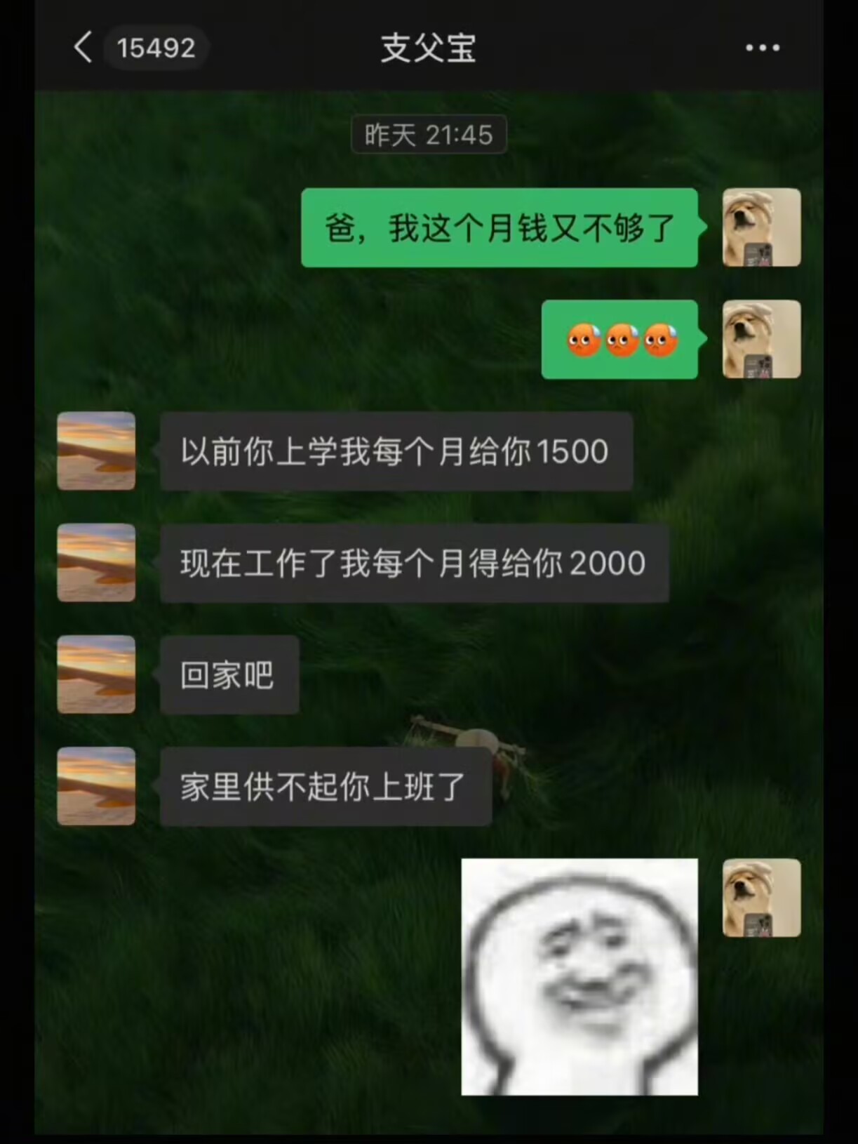 家里快供不起我在外面上班了以前靠家里给生活费，现在靠家里给“续命费”。我妈问我上