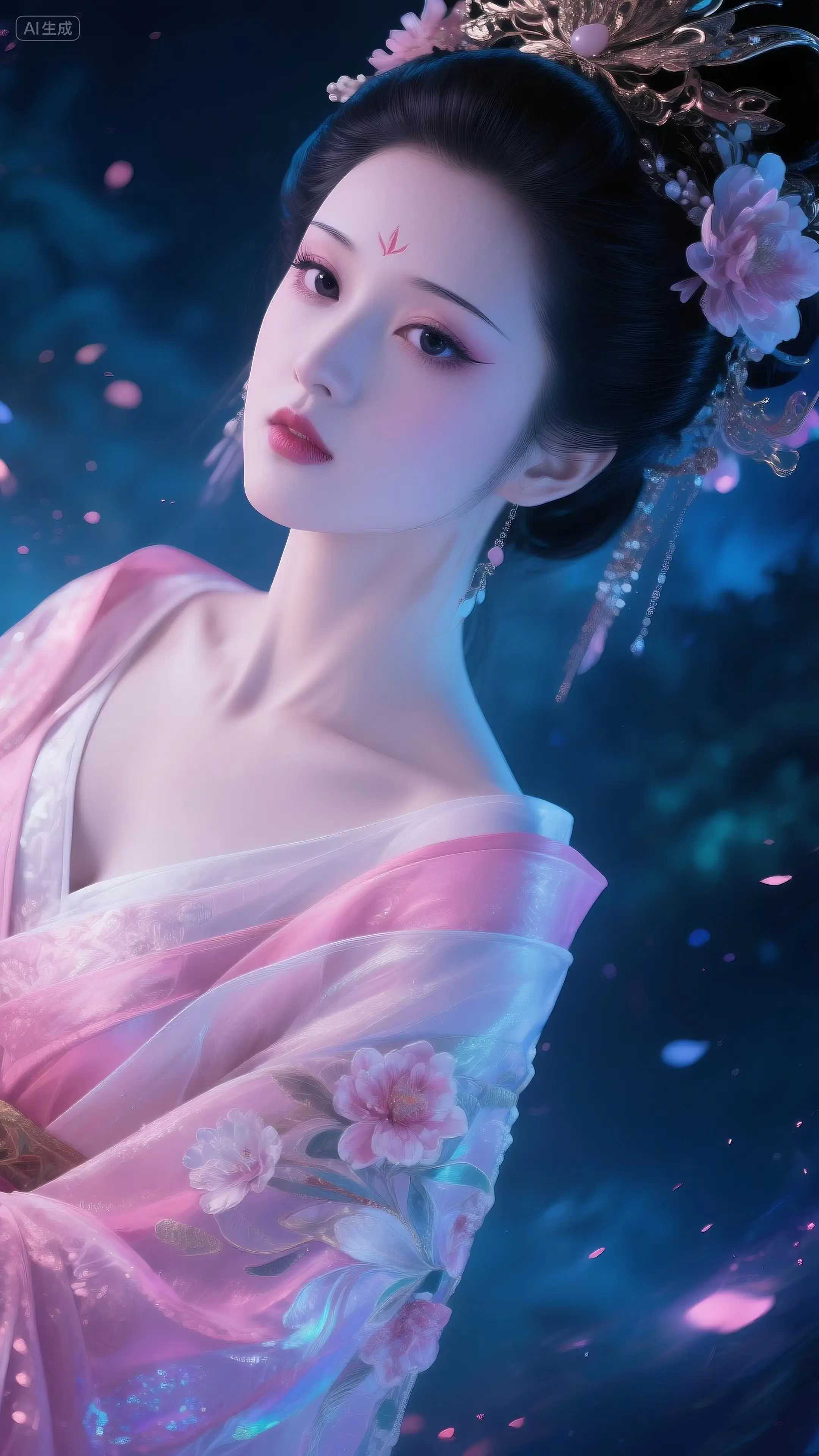 夜幕轻垂，她于繁花间亭亭而立。华裳似有流光婉转，每一道褶纹都藏着幽梦。...