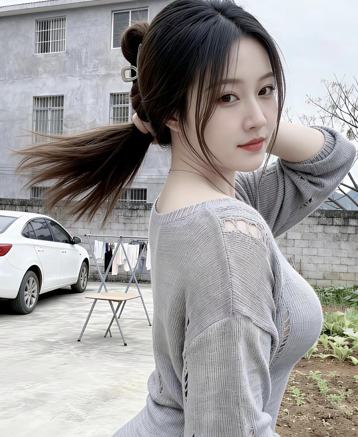 元气少女风，灰色毛衣搭配高马尾，青春活力满满！