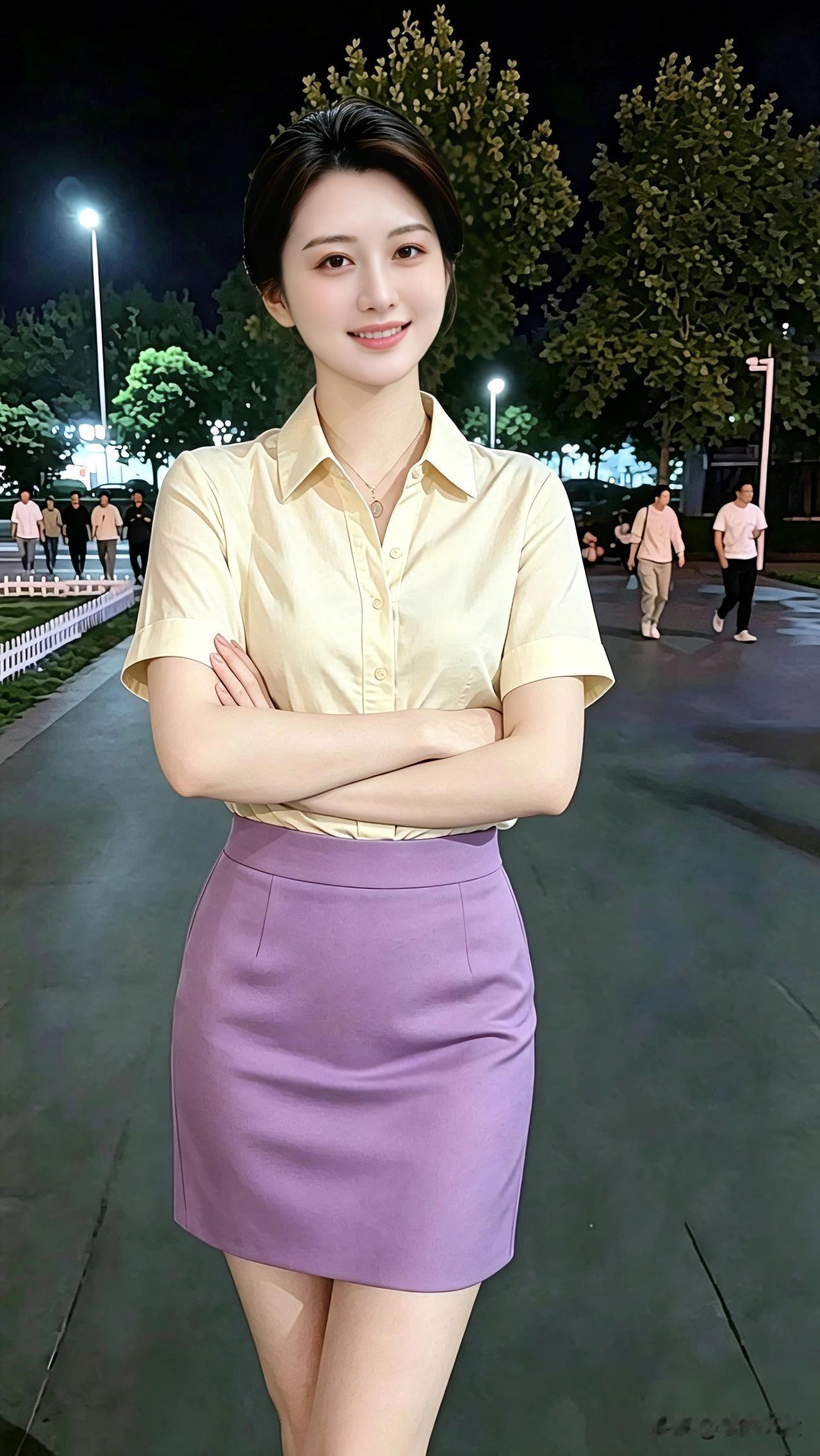 夜晚漫步街头，简单的通勤穿搭，浅黄衬衫搭配香芋紫半裙。不必刻意精致，大方得体，平