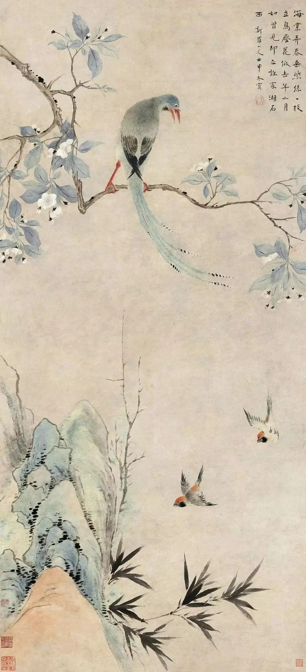 清 华喦《海棠弄春图》，纸本设色 133 × 61 cm。海棠一枝，横生斜出，花