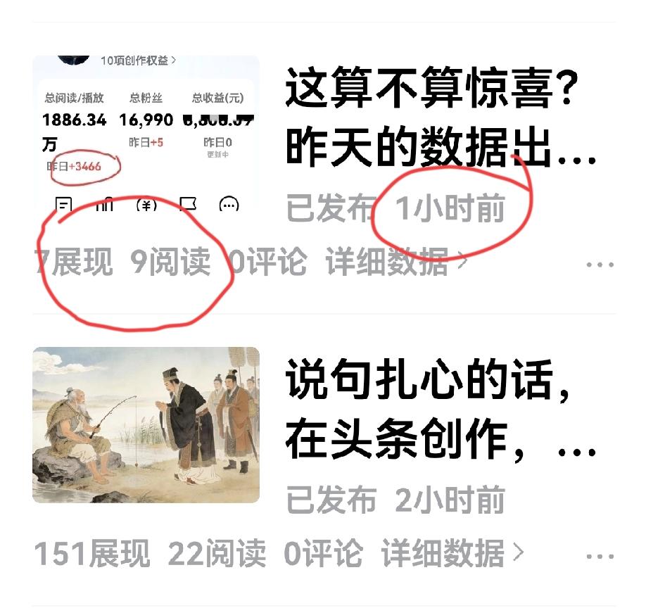 作品发出去一个多小时了，7个展现量，9个阅读量，头条把流量卡得死死的，一点也不肯