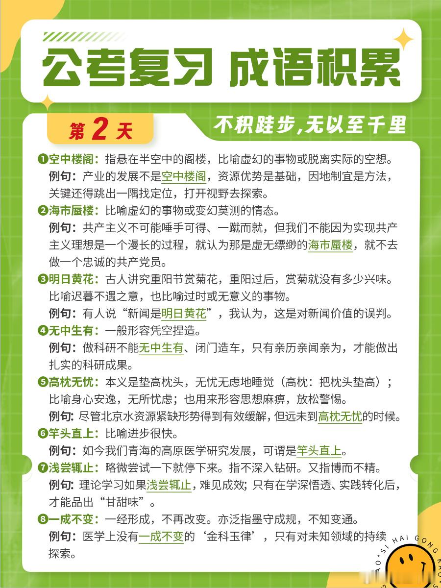 成语积累第二天空中楼阁 海市蜃楼 明日黄花 无中生有 高枕无忧 竿头直上 浅尝辄