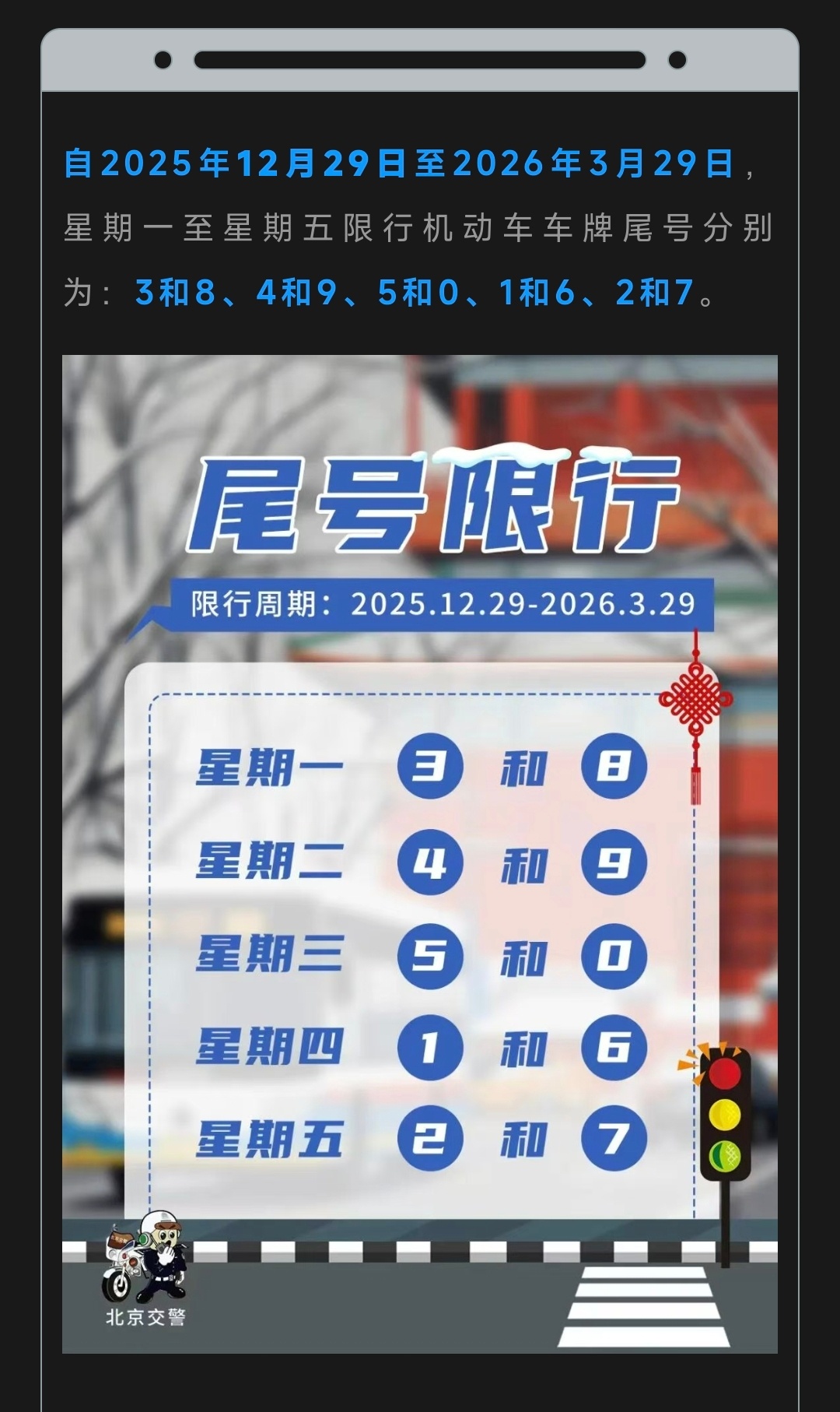 北京明日起尾号限行轮换 北京的朋友们，明天千万别忘了尾号限行轮换！自2025年1