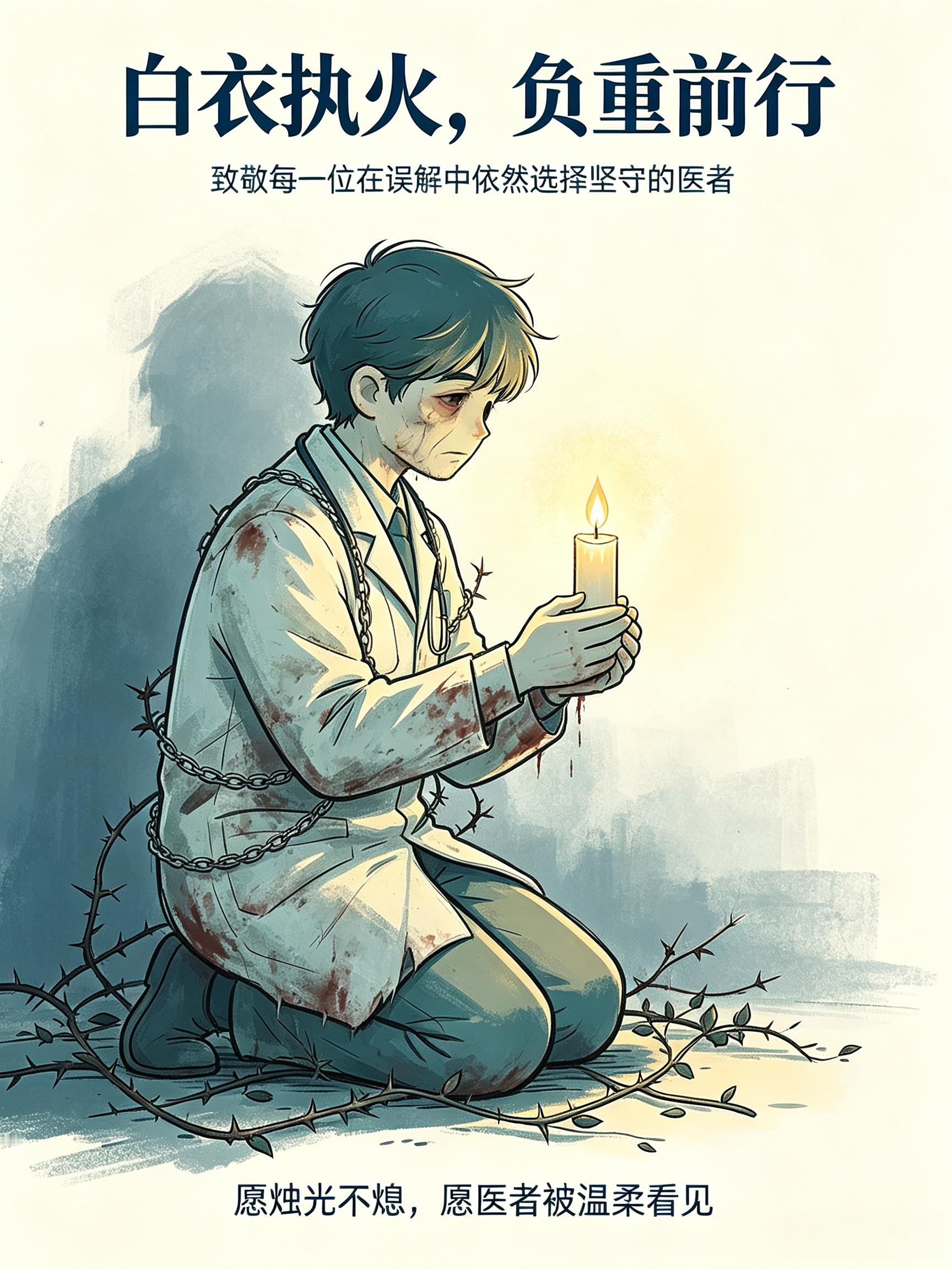 肿瘤界 一身荆棘缠身，锁链缚住肩头。历经误解与非议，满身疲惫，仍手捧微光。并非天