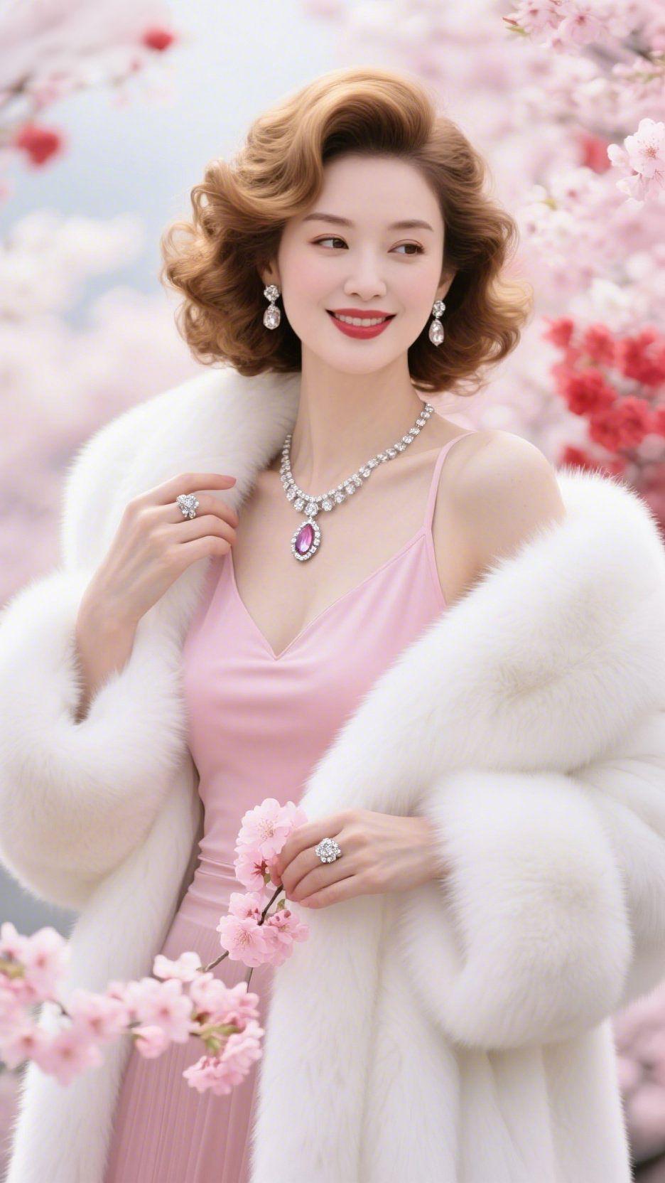 粉裙映樱伴春柔
 
樱云漫过天际时，她的粉裙似揉开的花雾，裹在白绒里温软得恰好。