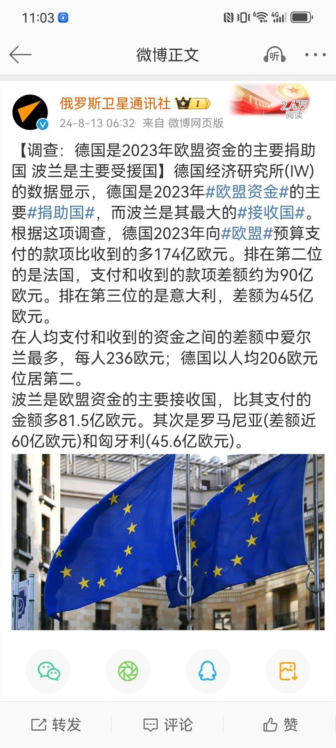 【德国是2023年欧盟资金的主要捐助国 #匈牙利是第二大受援国#】匈牙利2023