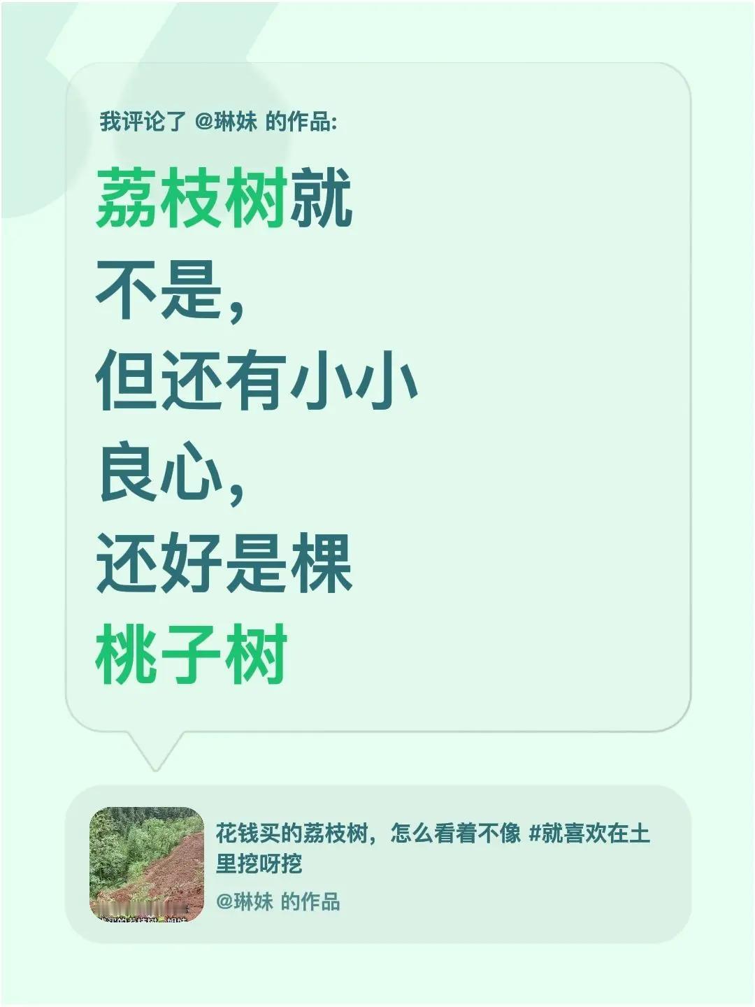 我评论了@琳妹 的作品：荔枝树就不是，但还有小小良心，还好是棵桃子树