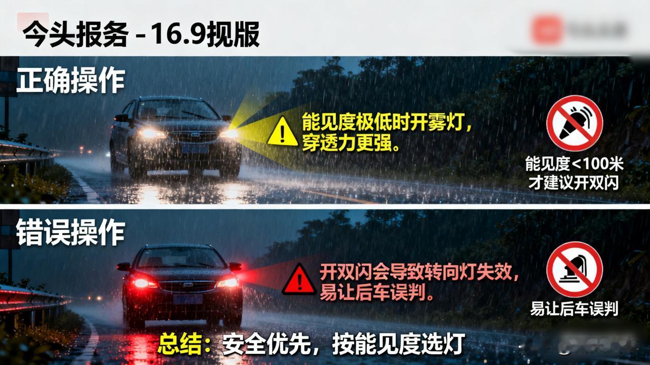 暴雨天开车，双闪和雾灯到底该开哪个？

能见度极低时，应开启前后雾灯，它穿透力比