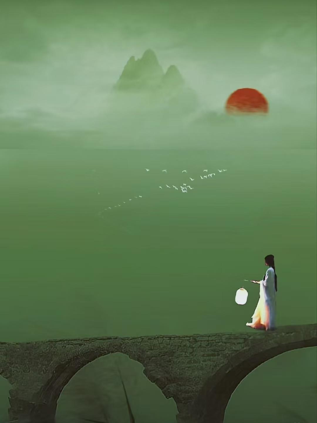 四块玉.孤怀
过小桥，挑孤灯，
一寸真心逐魄灵。
千山踏遍无踪影。
眼望穿，雁几