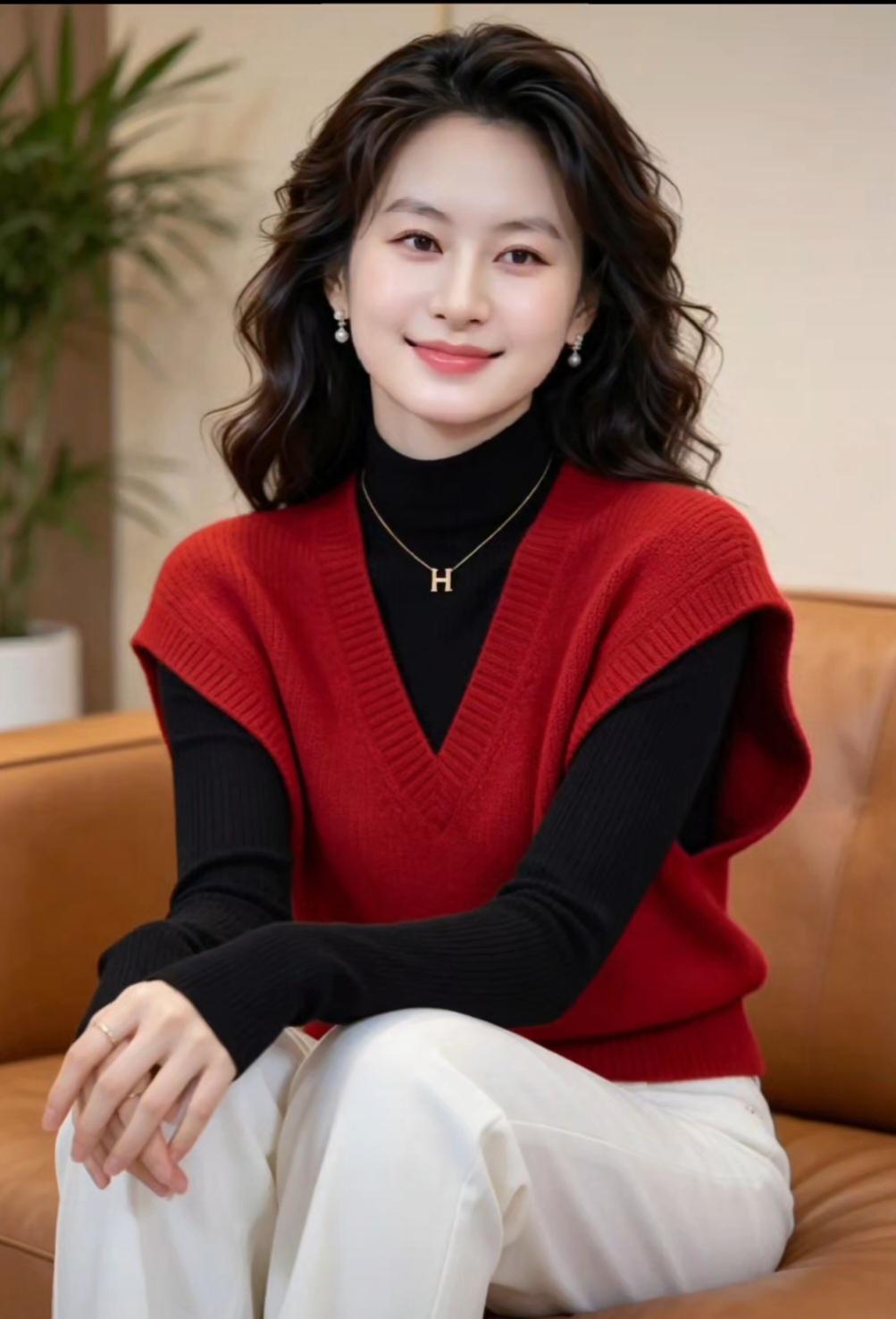 她穿着红色毛衣，坐在沙发上微笑。