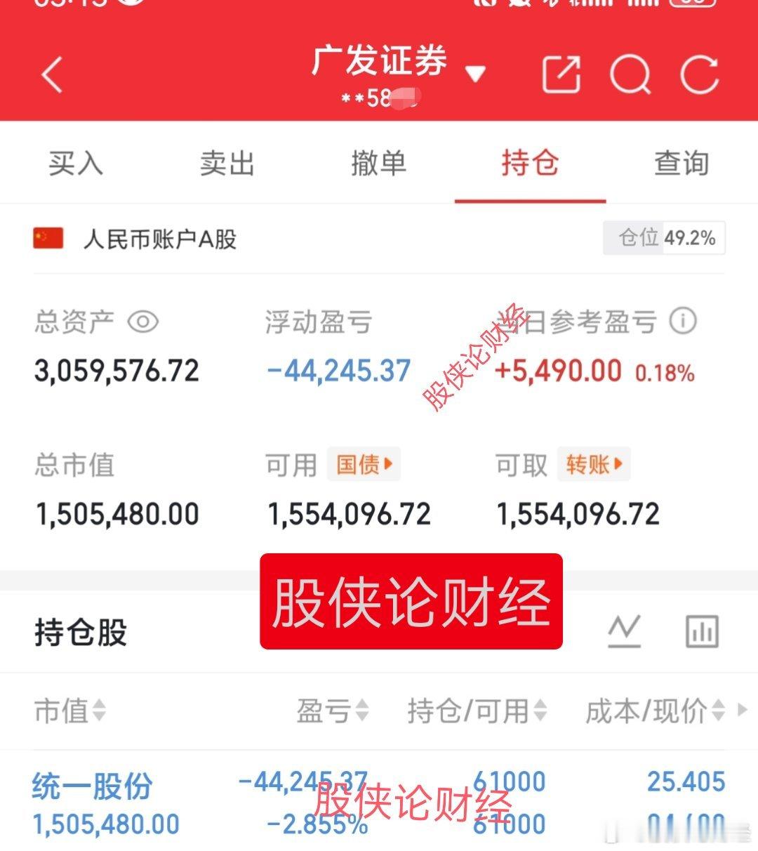 30万本金实盘记录（第165天）目前资金:3059576.72元今日持有:统一股