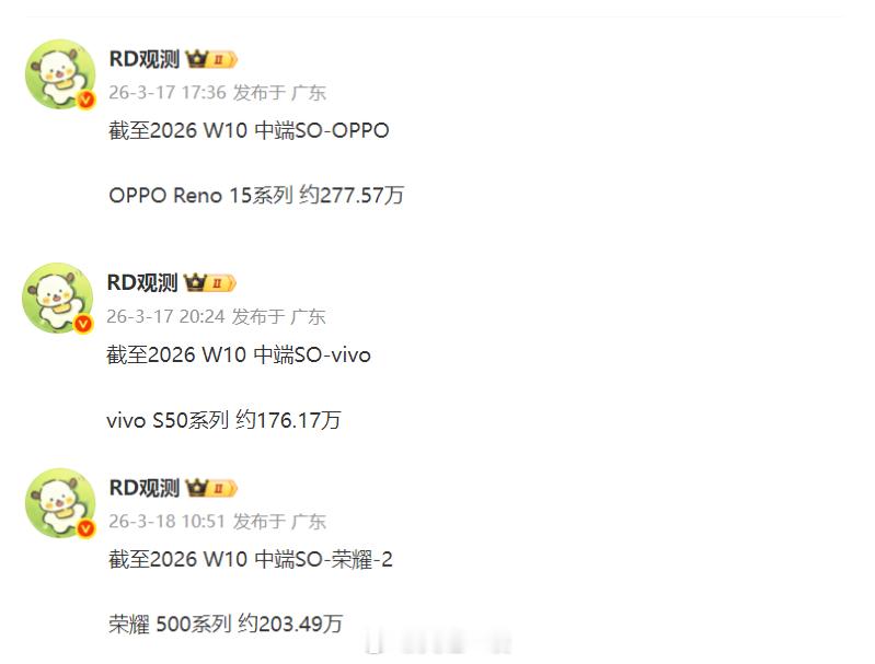 OPPO Reno15系列、荣耀500系列、vivo S50系列的最新累计销量来