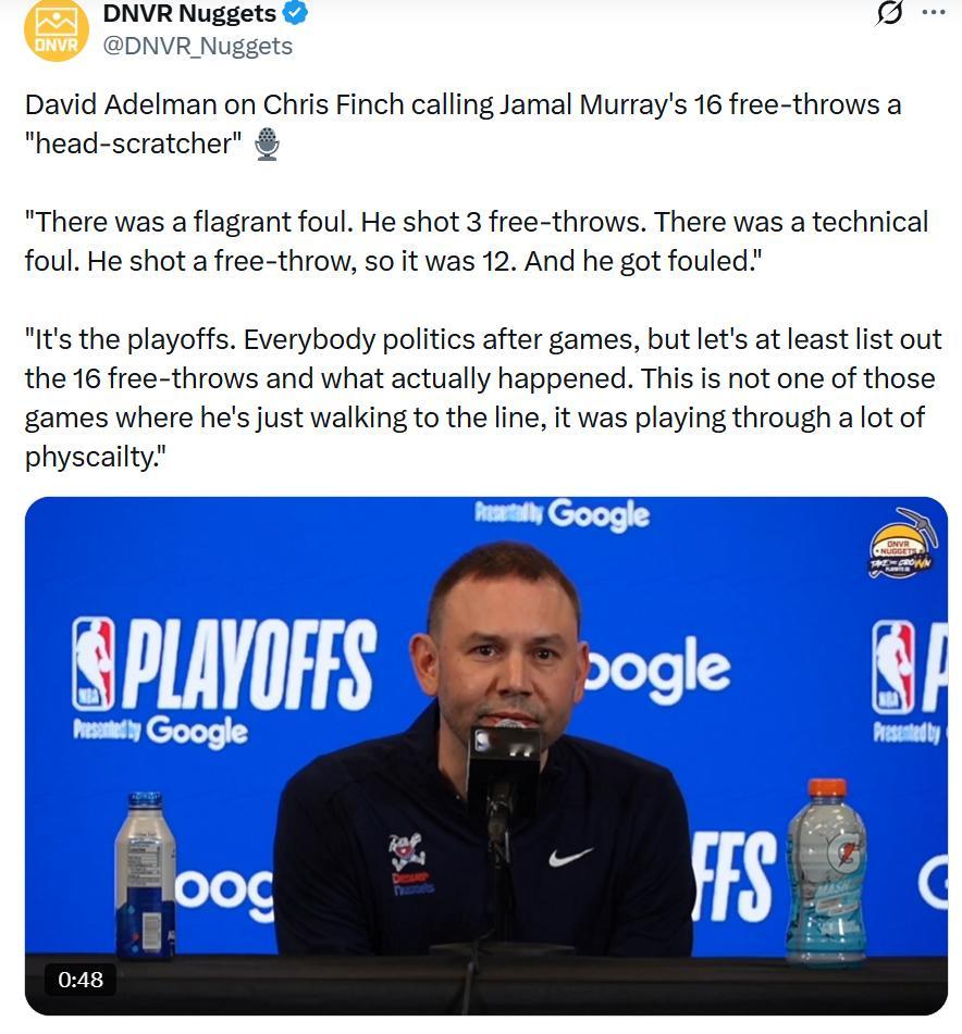 回应芬奇的质疑！今日赛前小阿德尔曼采访：“那次有一次恶意犯规，穆雷罚了3球；还有