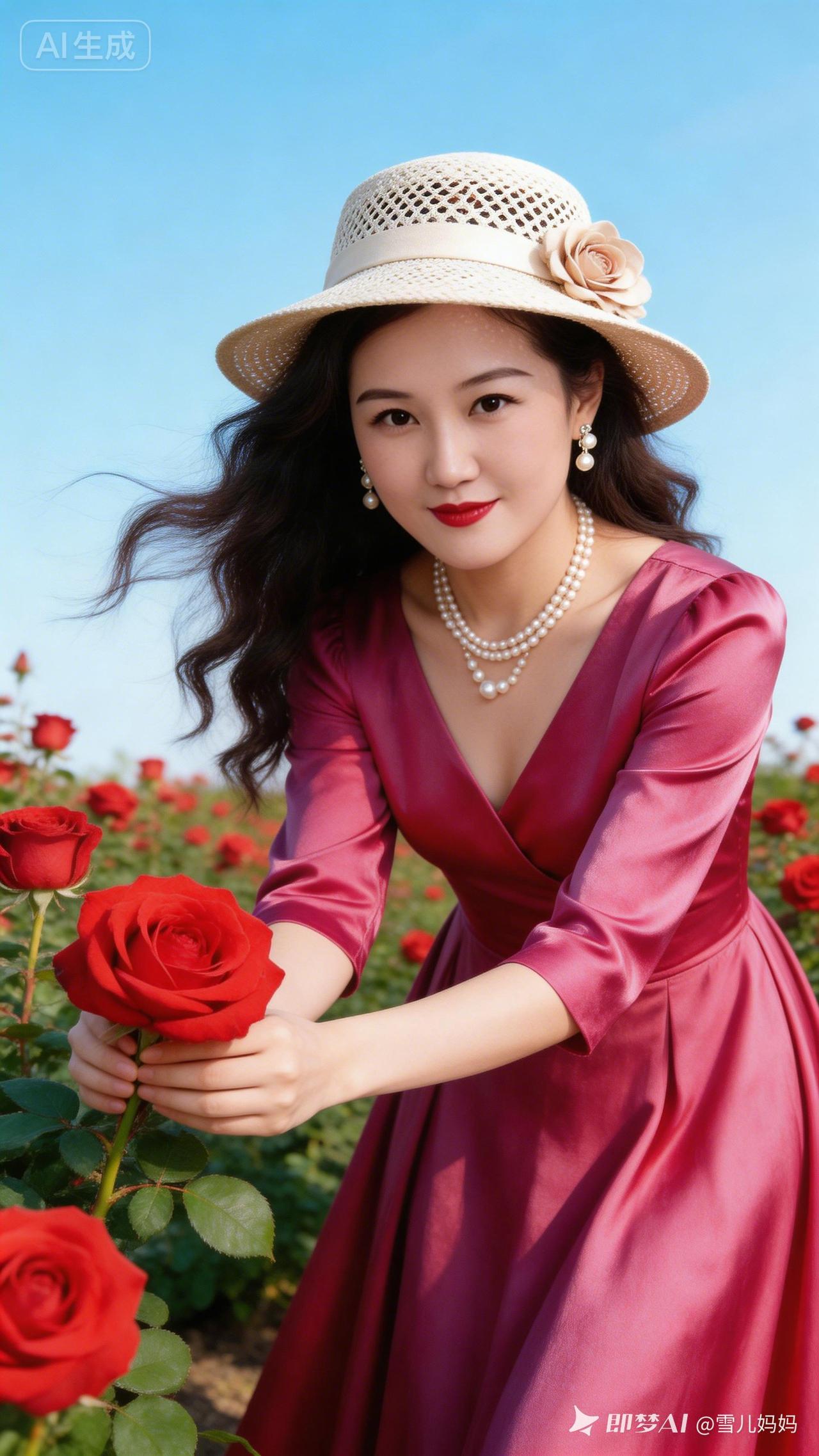 优雅玫瑰女郎，粉色长裙与红玫瑰的完美搭配，尽显浪漫风情。