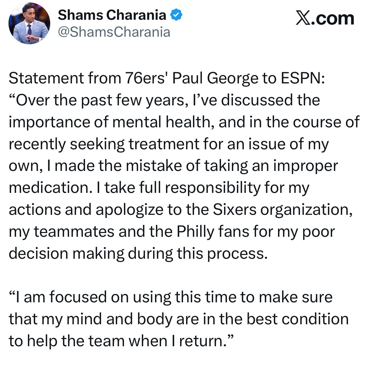 保罗-乔治道歉：“过去数年，我一直强调心理健康的重要性。近期我因个人健康问题寻求