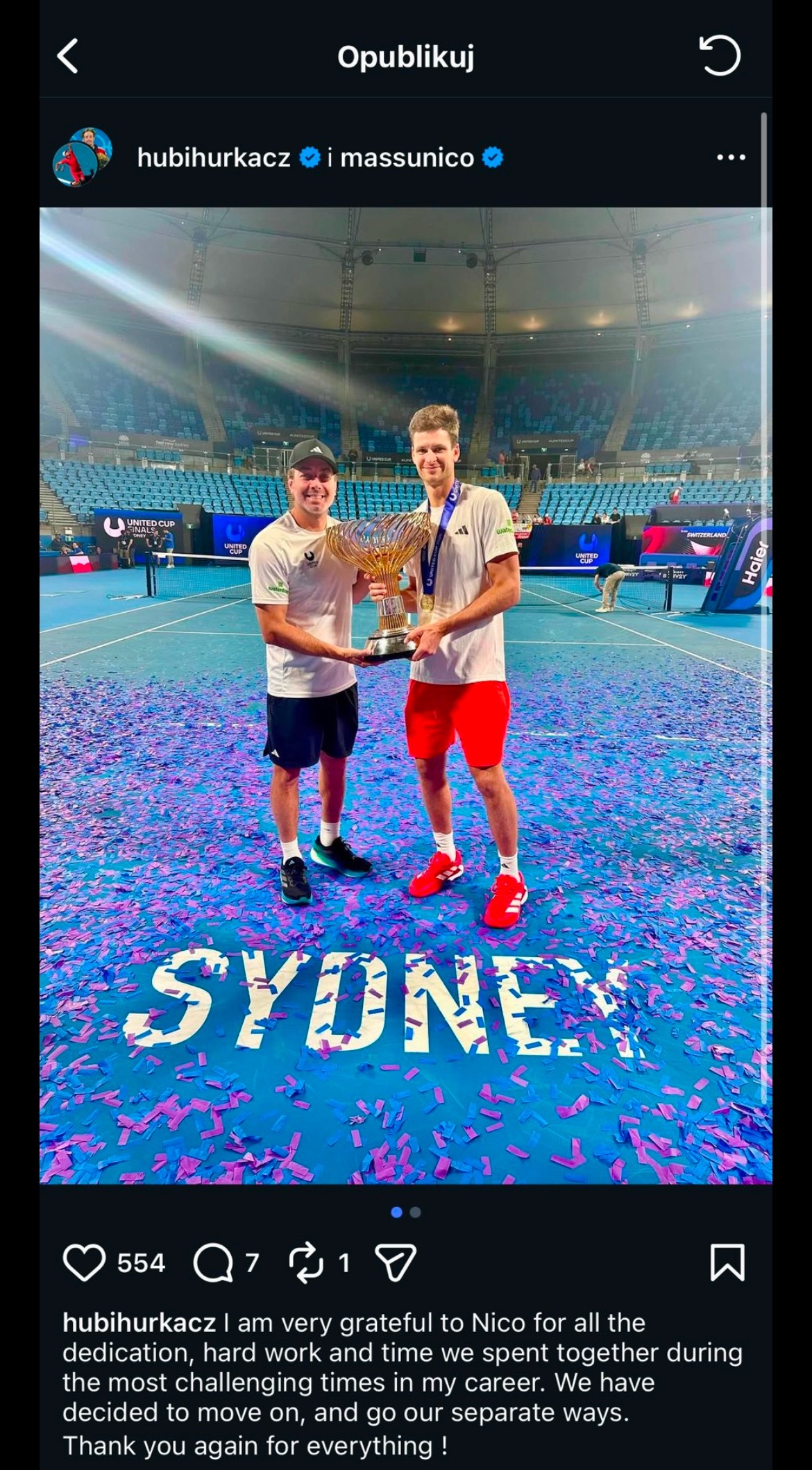 网球talking大会 胡尔卡奇宣布与教练马胡结束合作。 