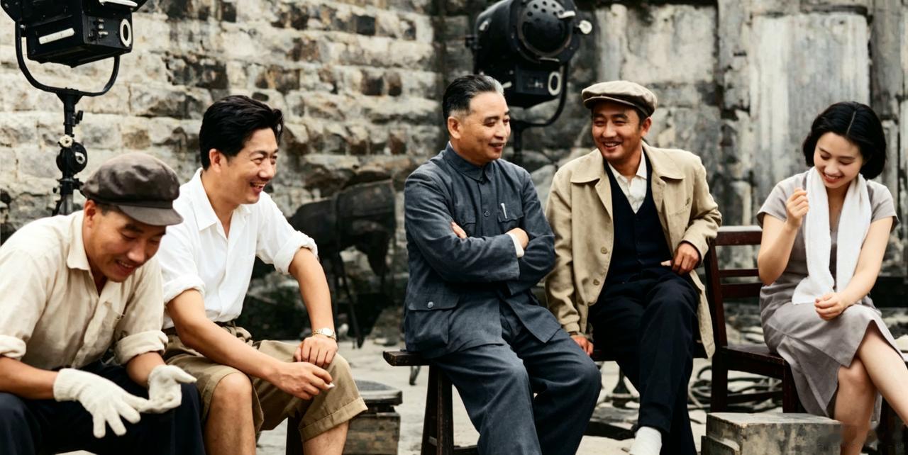 1965年电影《烈火中永生》拍摄现场，左起朱今明、水华、任白戈、赵丹、于蓝。