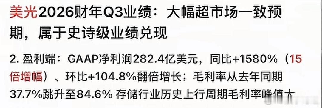 爆炸好消息，美光的Q3净增15倍，记住不是150%，是1580%，美光盘后涨了1