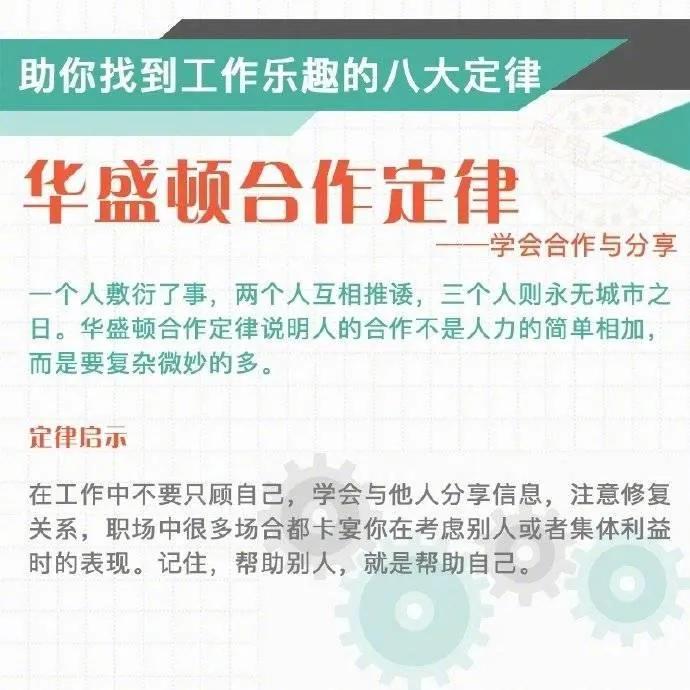 上班也能找到乐趣的八大定律

1、华盛顿合作定律：学会合作与分享。

2、二八定