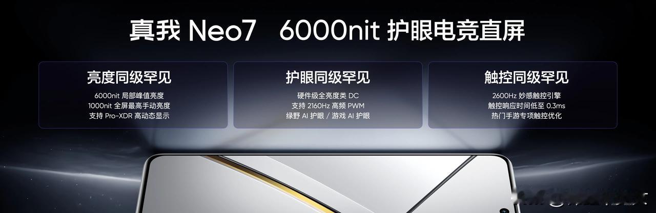 Neo7 搭载 6000nit 护眼电竞直屏，采用全新京东方 S2 柔性屏。
亮