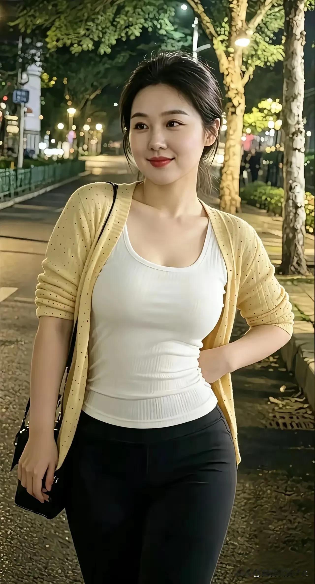 点绛唇·夜街闲步
 
夜色街灯，柔辉漫染行人路。
浅衫轻素，笑靥含温煦。
 
缓