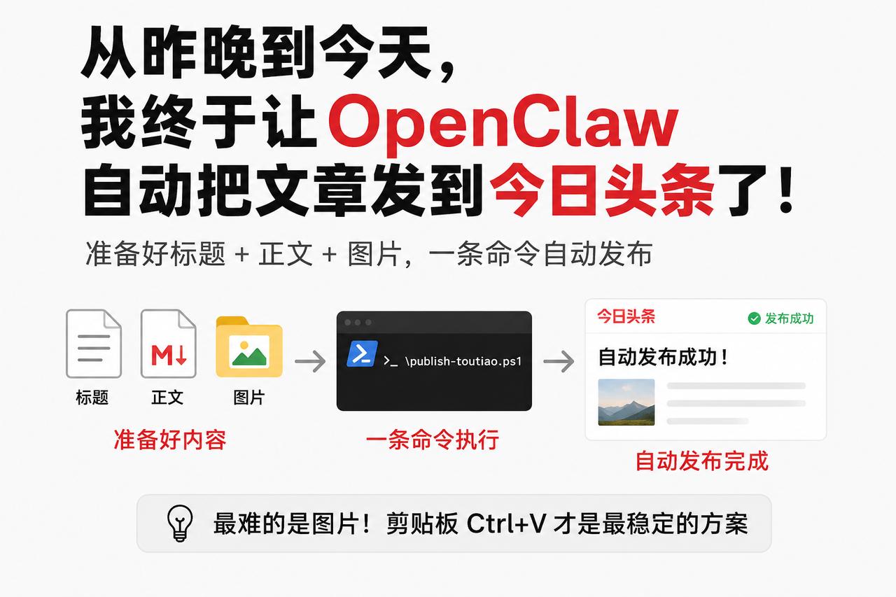 从昨晚折腾到今天，我终于让 OpenClaw 自动把文章发到今日头条了。
现在只