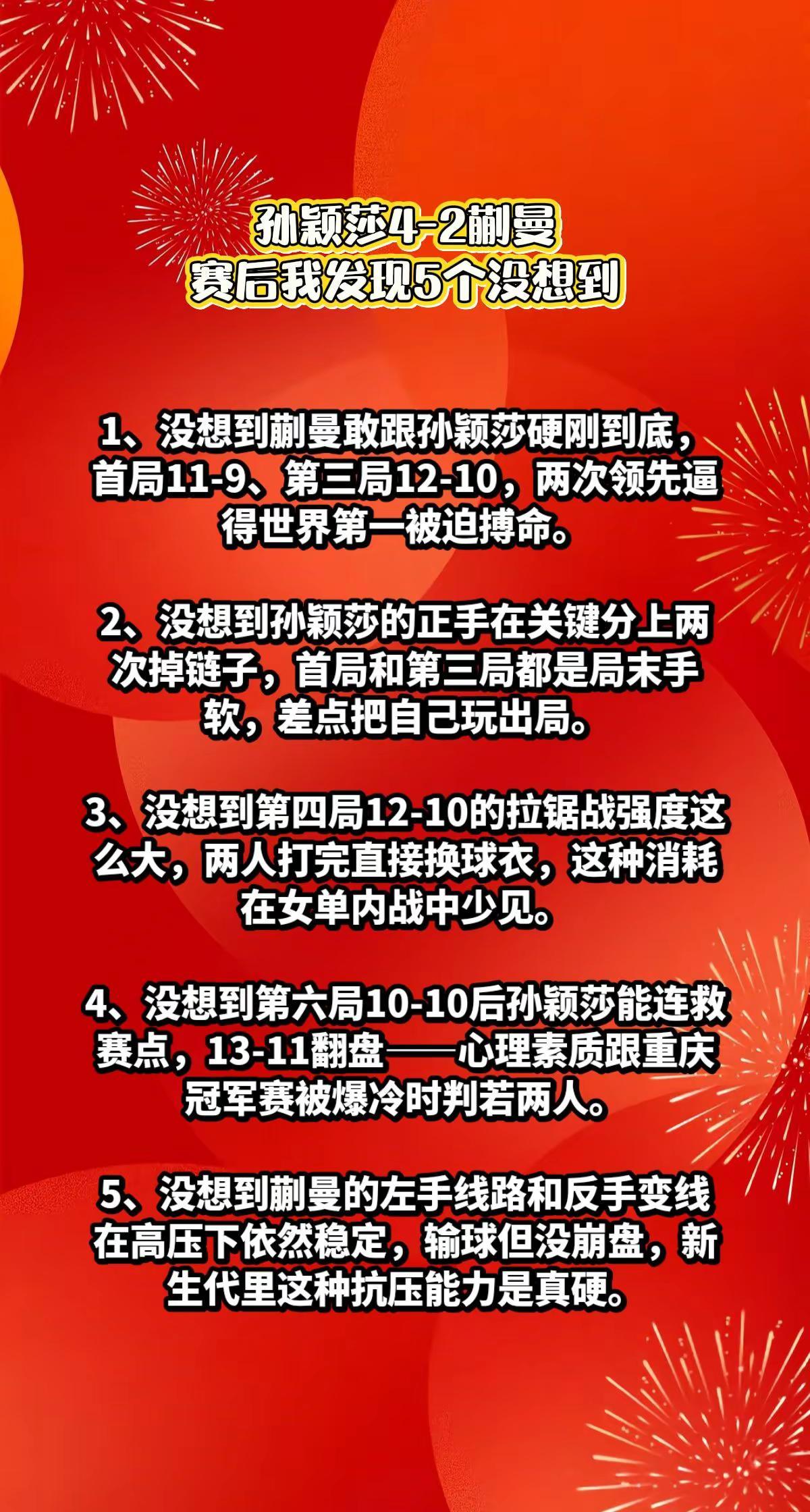 孙颖莎4-2蒯曼，赛后我发现5个没想到。
