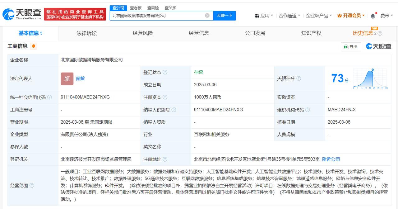 注册资本1000万
天眼查App显示，近日，北京国际数据跨境服务有限公司成立，法