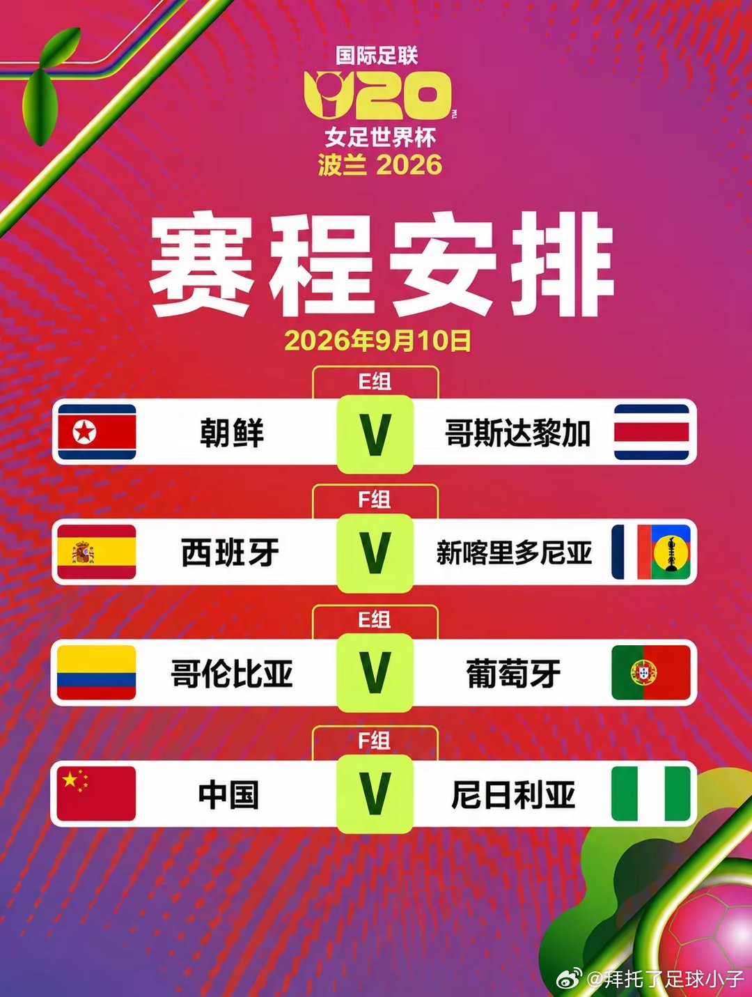 U20女足世界杯小组赛，中国队赛程一览。2026波兰U20女足世界杯小组赛大幕即
