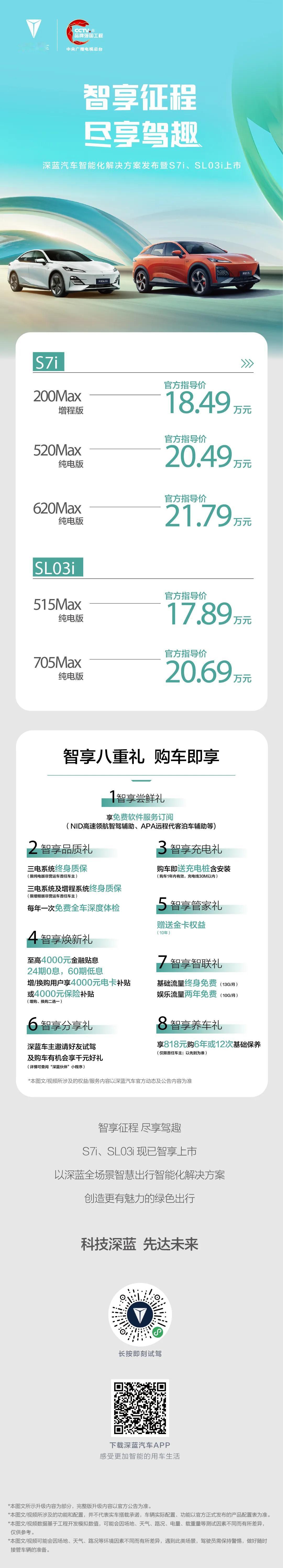 深蓝S7i、SL03i双车上市
深蓝S7i售价18.49万-21.79万
深蓝S