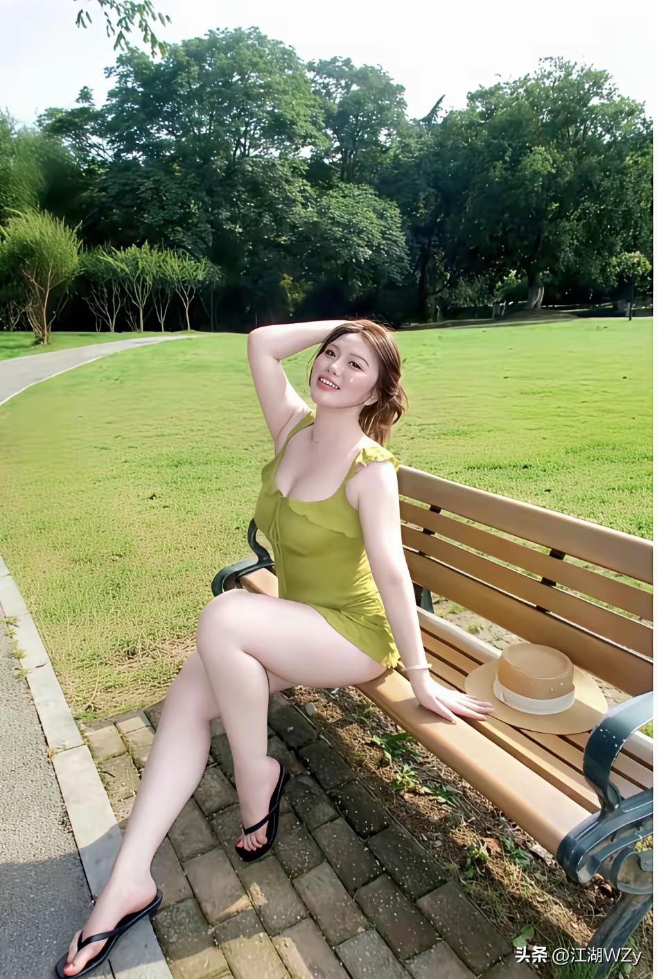 阳光明媚的午后，绿意盎然的公园长椅上，一位优雅的女士享受着宁静时光。