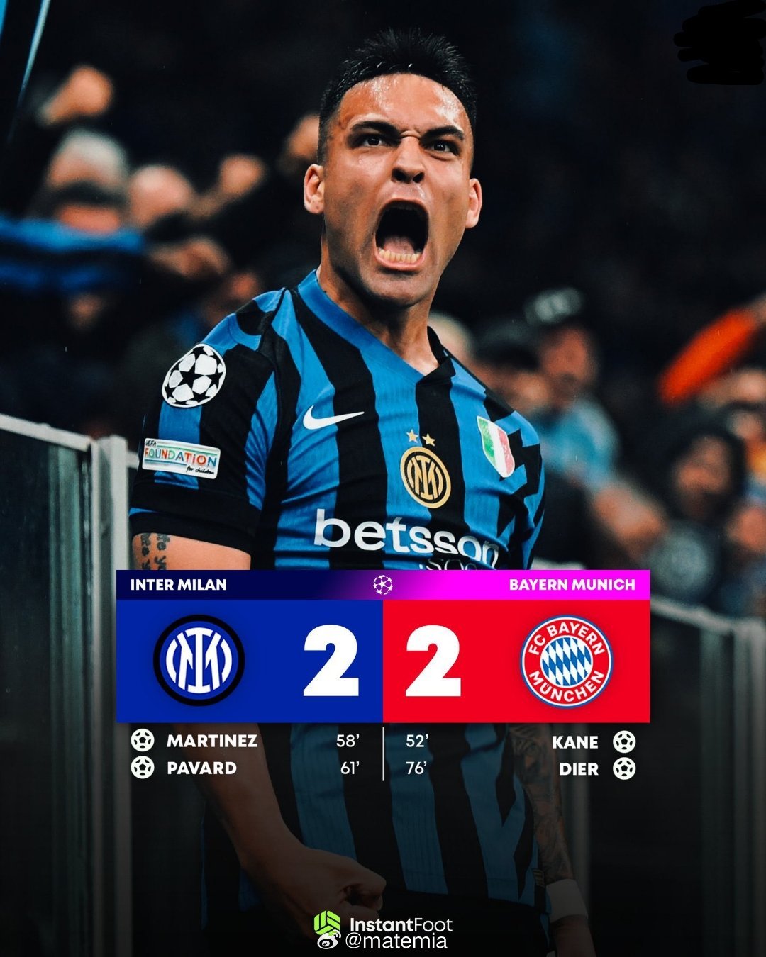 🎉🎉恭喜劳塔罗效力的国际米兰击败拜仁慕尼黑晋级欧冠半决赛 ! ⚽ 次回合破门