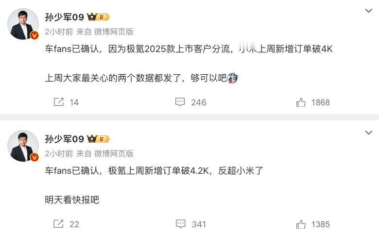 极氪推新车，该买的年轻人还是得买。

博主反映，极氪上周新增订单破4.2K反超小