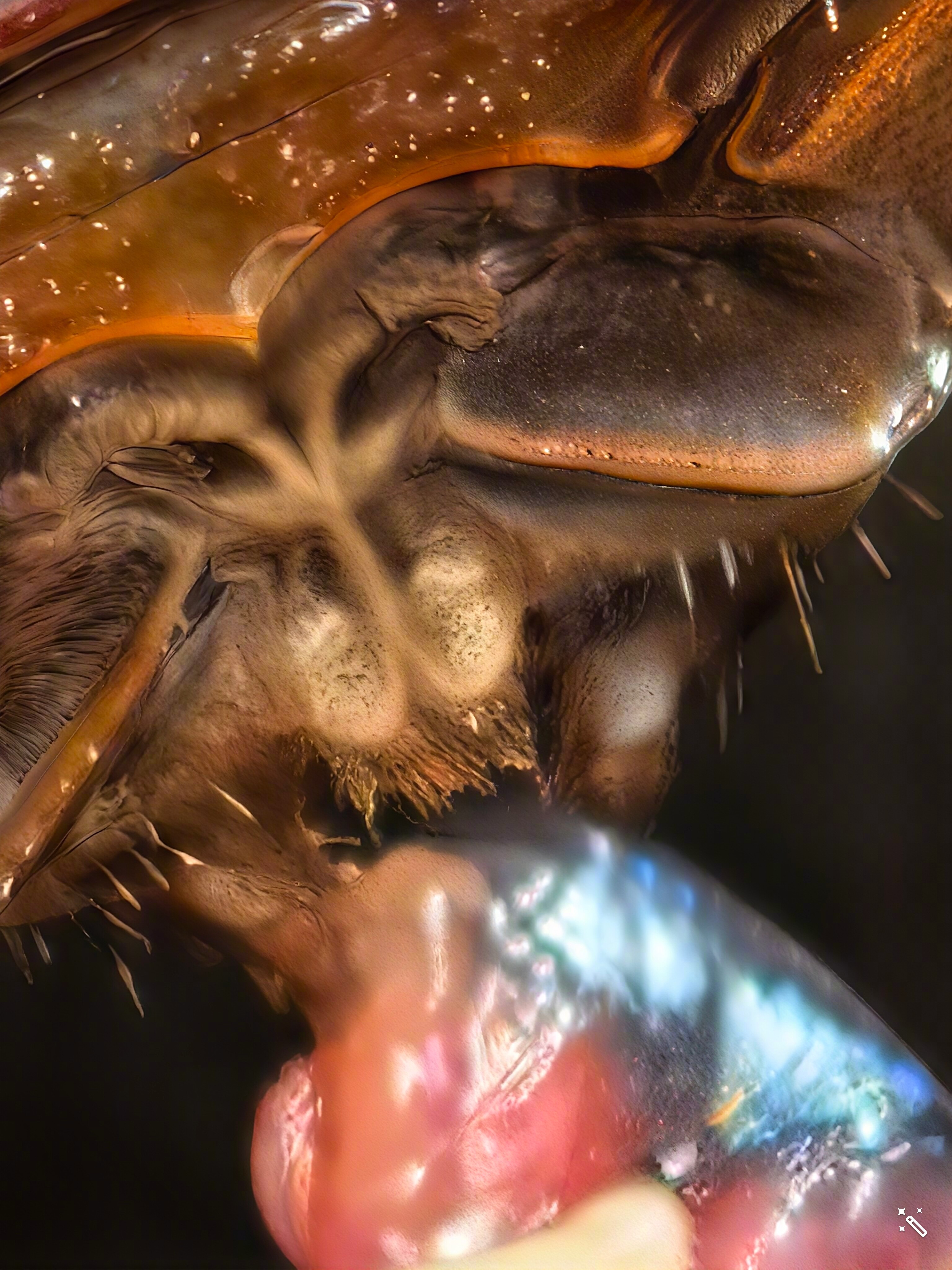 发现了条死鱼，喂给螃蟹，趁它吃饭拍几张。不断放大，连拍四张。焦段从左到右分别是：