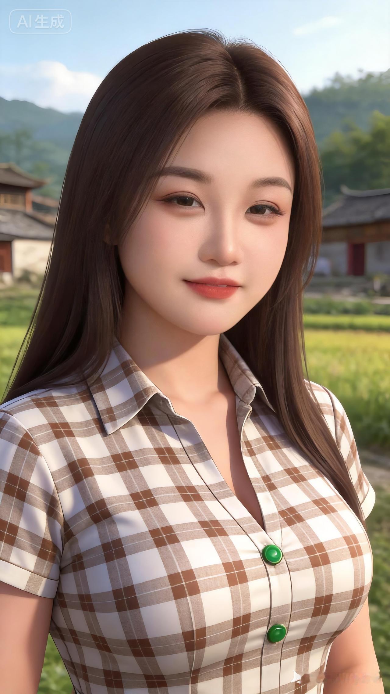 甜美少女在田园风光中，穿着格子衬衫，微笑面对镜头。