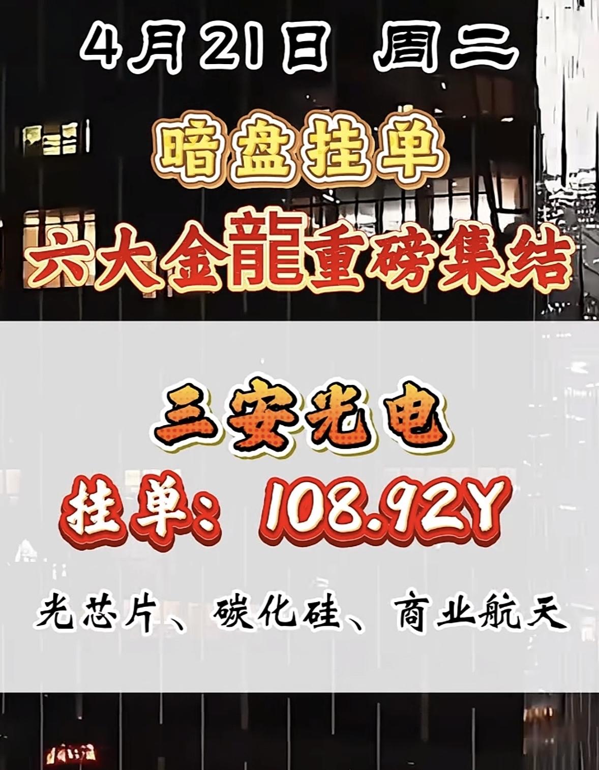 4月21日周二暗盘隔夜挂单排行榜揭晓

4月21日暗盘挂单，六大金龙要重磅集结，