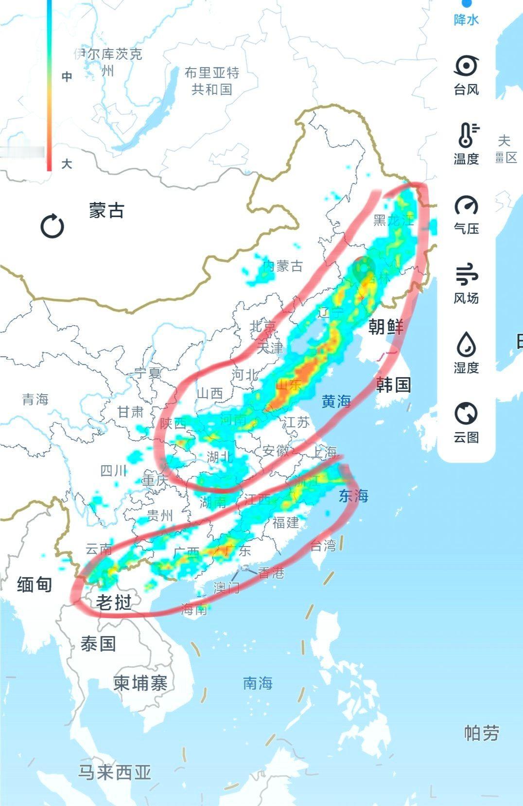 为啥有时候一下雨就是这样一条很长的云带啊，韩国天气预报是不是就是一句话啊全国各地