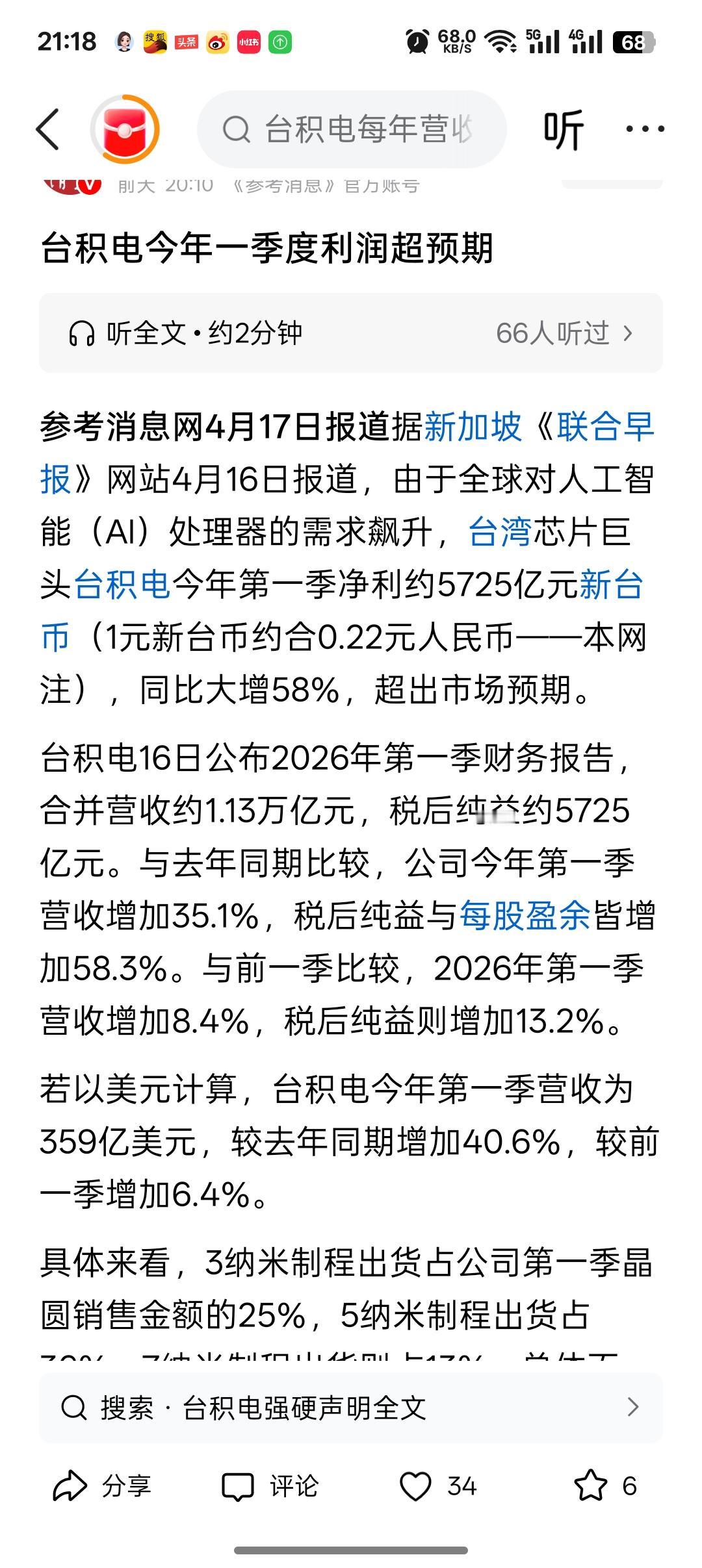 中国企业台积电发布了今年第一季度的财报，业绩到底有多炸裂呢？

今年第一季度台积