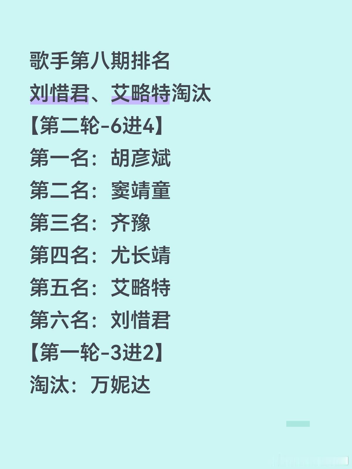 歌手歌手第八期排名 首发全进，补位全淘汰歌手‖ 