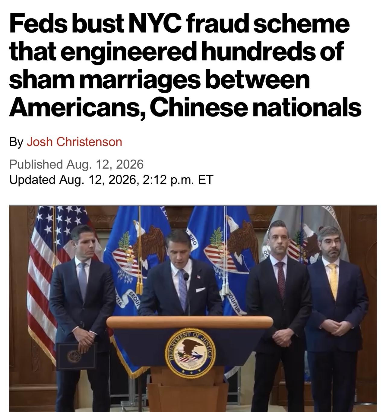 美国联邦当局破获纽约一婚姻诈骗计划，该计划策划了数百起美国人与中国公民之间的假结