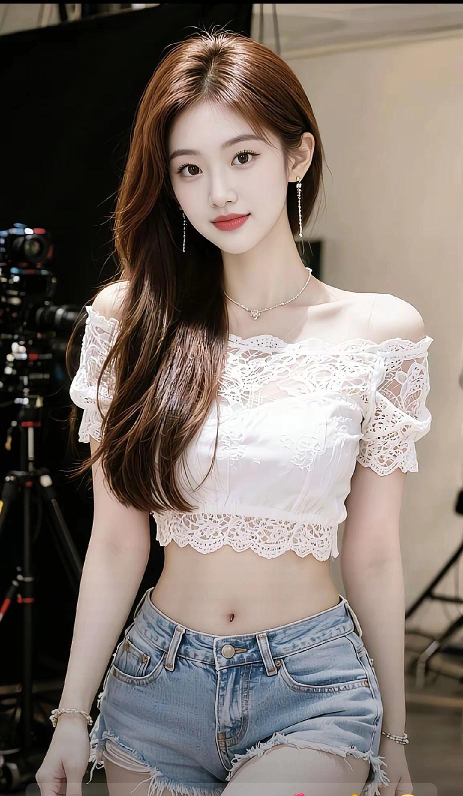 甜美少女风穿搭，蕾丝上衣+牛仔短裤，清新自然！