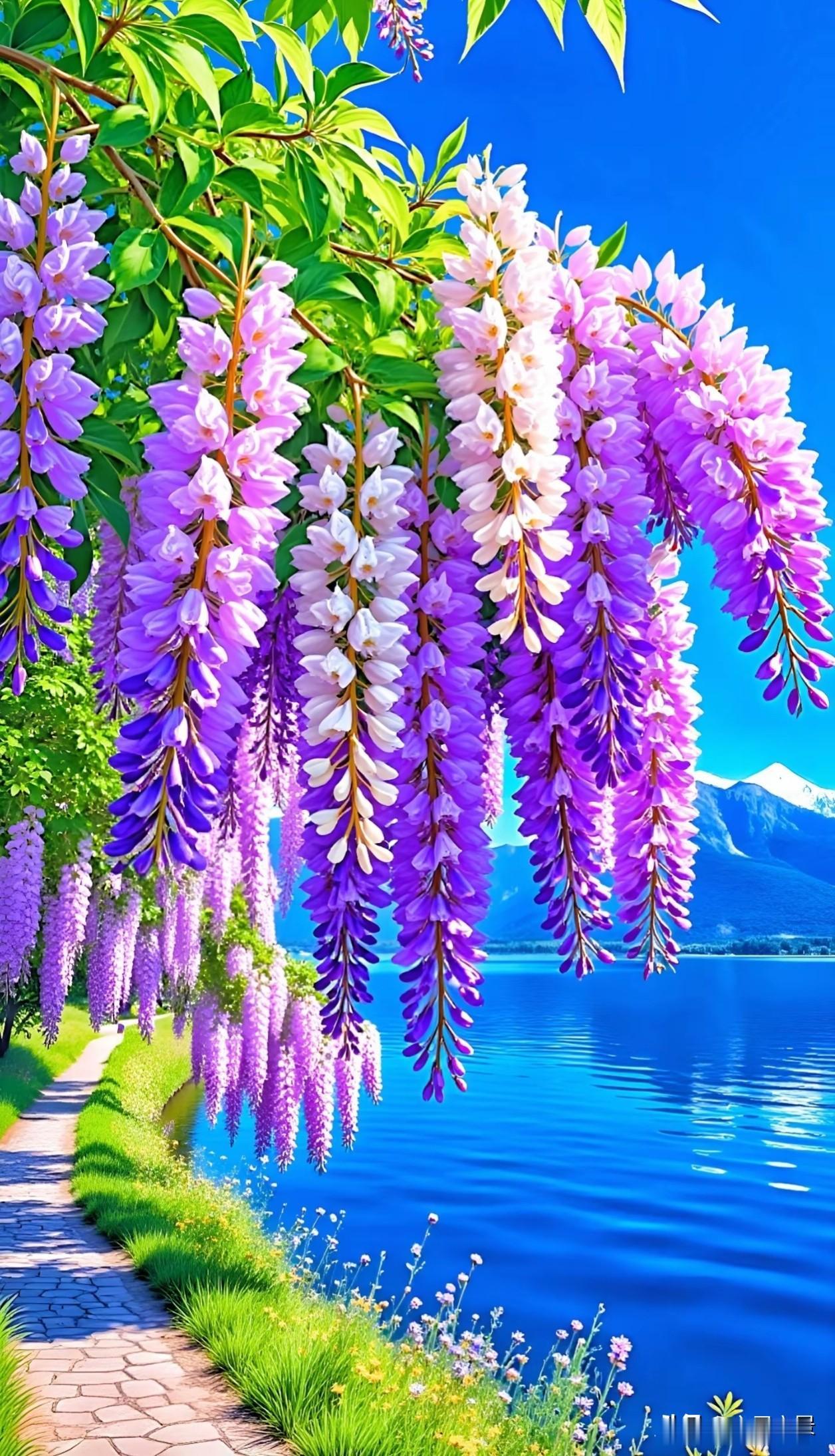 沿湖的紫藤垂成了紫色的帘幕，把蓝天、湖水和春日的温柔都揉进了花影里。风一吹，连湖