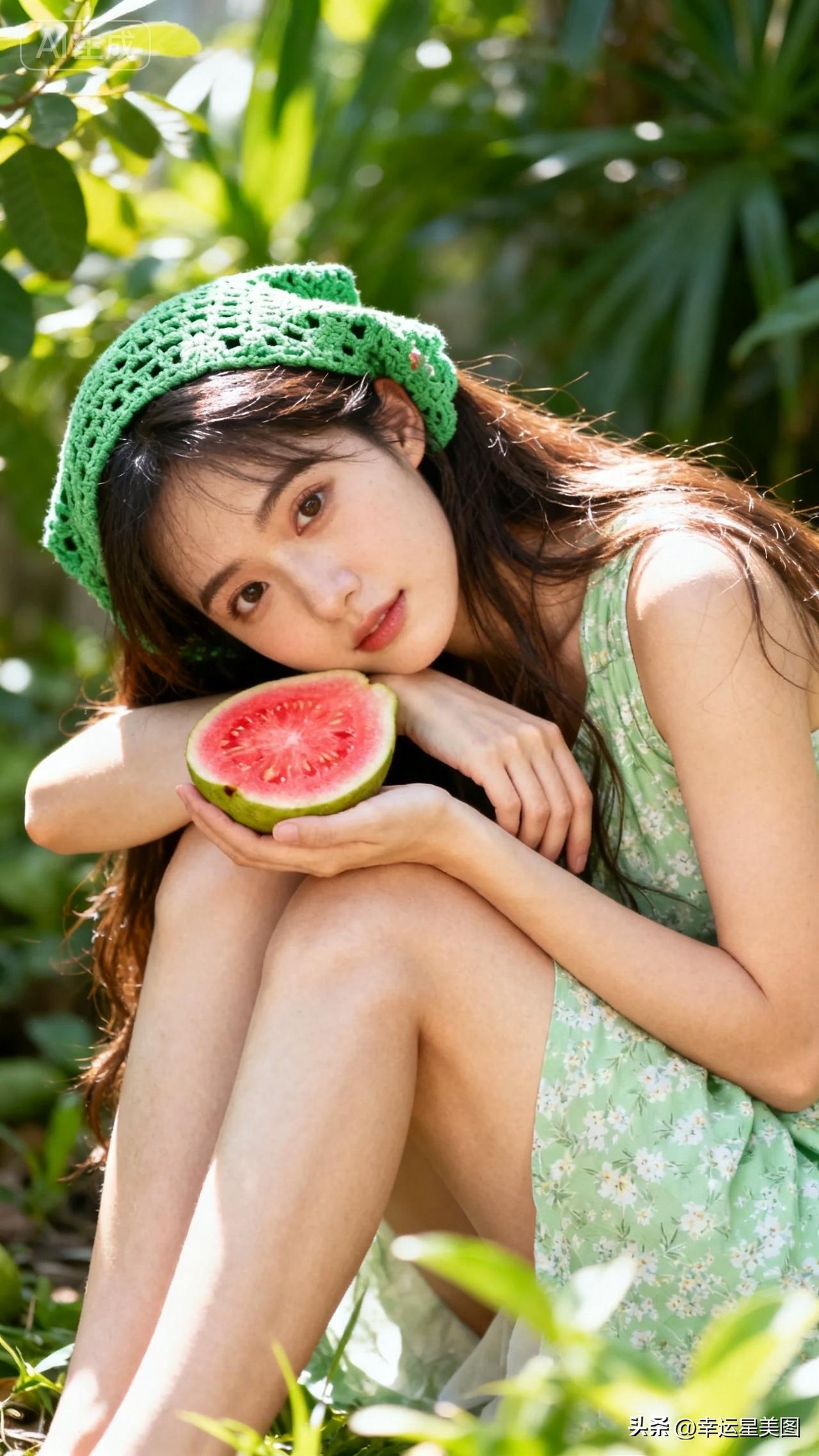 一个女孩在户外吃西瓜，好惬意！